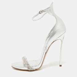 Pre Owned Casadei Silver Foil Leather and Crystal Venezia Ankle Strap Sandals Size 38.5