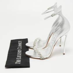 Pre Owned Casadei Silver Foil Leather and Crystal Venezia Ankle Strap Sandals Size 38.5