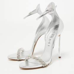 Pre Owned Casadei Silver Foil Leather and Crystal Venezia Ankle Strap Sandals Size 38.5