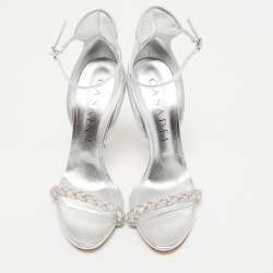 Pre Owned Casadei Silver Foil Leather and Crystal Venezia Ankle Strap Sandals Size 38.5
