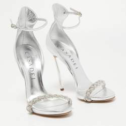 Pre Owned Casadei Silver Foil Leather and Crystal Venezia Ankle Strap Sandals Size 38.5