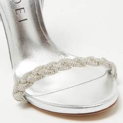 Pre Owned Casadei Silver Foil Leather and Crystal Venezia Ankle Strap Sandals Size 38.5