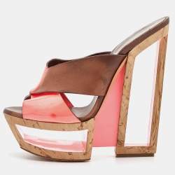 Casadei Brown/Orange Leather and Patent Wedge Platform Slide Sandals Size 36