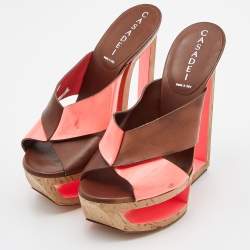 Casadei Brown/Orange Leather and Patent Wedge Platform Slide Sandals Size 36