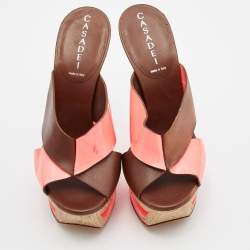 Casadei Brown/Orange Leather and Patent Wedge Platform Slide Sandals Size 36