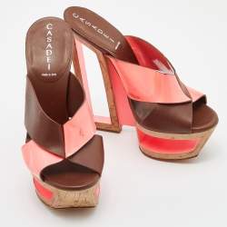 Casadei Brown/Orange Leather and Patent Wedge Platform Slide Sandals Size 36