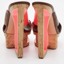 Casadei Brown/Orange Leather and Patent Wedge Platform Slide Sandals Size 36