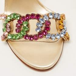 Pre Owned Casadei Gold Leather Crystal Embellished Slide Sandals Size 37.5