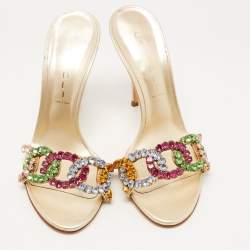 Pre Owned Casadei Gold Leather Crystal Embellished Slide Sandals Size 37.5