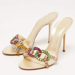 Pre Owned Casadei Gold Leather Crystal Embellished Slide Sandals Size 37.5