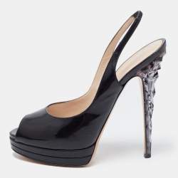 Pre Owned Casadei Black Patent Leather Peep Toe Platform Slingback Pumps Size 37