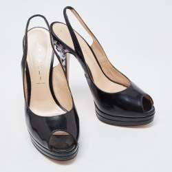 Pre Owned Casadei Black Patent Leather Peep Toe Platform Slingback Pumps Size 37