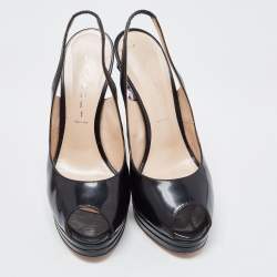 Pre Owned Casadei Black Patent Leather Peep Toe Platform Slingback Pumps Size 37