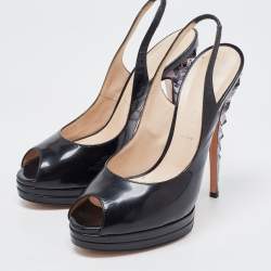 Casadei Black Patent Leather Peep Toe Platform Slingback Pumps Size 37 ...