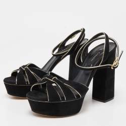 Pre Owned Casadei Black/Gold Suede Platform Ankle Strap Sandals Size 36