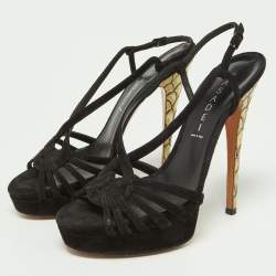 Pre Owned Casadei Black Suede Platform Strappy Sandals Size 37.5
