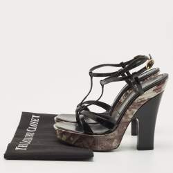 Casadei Black Patent Leather  and Lizard Embossed Cross Strap Platform Sandals Size 37