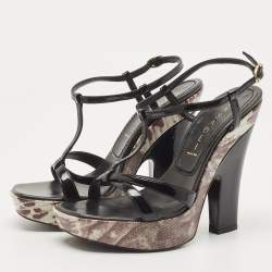 Casadei Black Patent Leather  and Lizard Embossed Cross Strap Platform Sandals Size 37