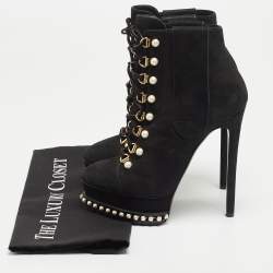 Pre Owned Casadei Black Laminated Suede Pearl Embellished Platform Lace Up Booties Size 36.5