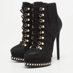 Pre Owned Casadei Black Laminated Suede Pearl Embellished Platform Lace Up Booties Size 36.5