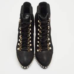 Pre Owned Casadei Black Laminated Suede Pearl Embellished Platform Lace Up Booties Size 36.5