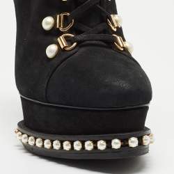 Pre Owned Casadei Black Laminated Suede Pearl Embellished Platform Lace Up Booties Size 36.5