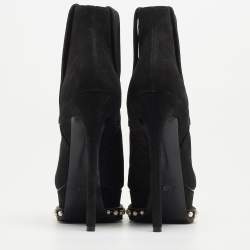 Pre Owned Casadei Black Laminated Suede Pearl Embellished Platform Lace Up Booties Size 36.5