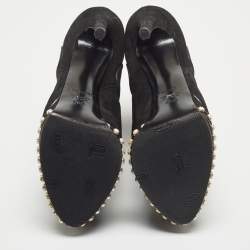 Pre Owned Casadei Black Laminated Suede Pearl Embellished Platform Lace Up Booties Size 36.5