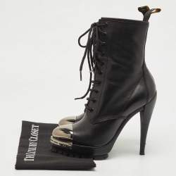 Pre Owned Casadei Black Leather Metal Cap Toe Lace Up Ankle Booties Size 36