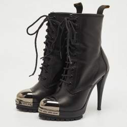 Pre Owned Casadei Black Leather Metal Cap Toe Lace Up Ankle Booties Size 36