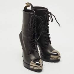 Pre Owned Casadei Black Leather Metal Cap Toe Lace Up Ankle Booties Size 36