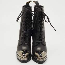 Pre Owned Casadei Black Leather Metal Cap Toe Lace Up Ankle Booties Size 36