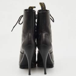 Pre Owned Casadei Black Leather Metal Cap Toe Lace Up Ankle Booties Size 36