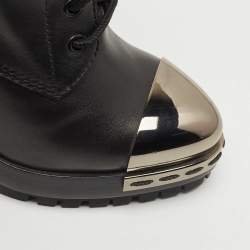 Pre Owned Casadei Black Leather Metal Cap Toe Lace Up Ankle Booties Size 36