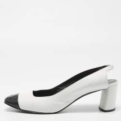 Pre Owned Casadei White/Black Leather and Patent Square Cap Toe Slingback Pumps Size 37
