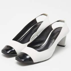 Pre Owned Casadei White/Black Leather and Patent Square Cap Toe Slingback Pumps Size 37