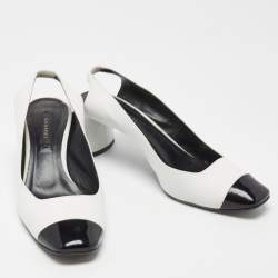 Pre Owned Casadei White/Black Leather and Patent Square Cap Toe Slingback Pumps Size 37