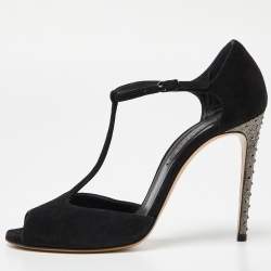 Pre Owned Casadei Black Suede Crystal Embellished Heel Ankle Wrap Sandals Size 38