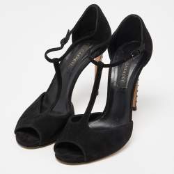 Pre Owned Casadei Black Suede Crystal Embellished Heel Ankle Wrap Sandals Size 38