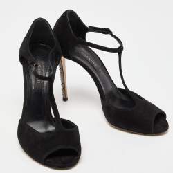 Pre Owned Casadei Black Suede Crystal Embellished Heel Ankle Wrap Sandals Size 38
