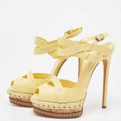 Pre Owned Casadei Yellow Leather Peep Toe Cork Platform Slingback Sandals Size 36