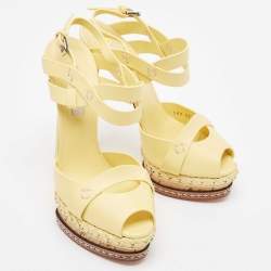 Pre Owned Casadei Yellow Leather Peep Toe Cork Platform Slingback Sandals Size 36