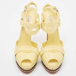 Pre Owned Casadei Yellow Leather Peep Toe Cork Platform Slingback Sandals Size 36