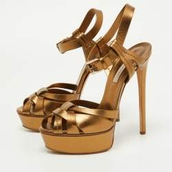 Pre Owned Casadei Metallic Gold Leather Ankle Strap Sandals Size 38