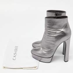 Pre Owned Casadei Metallic Silver Leather Ankle Boots Size 40