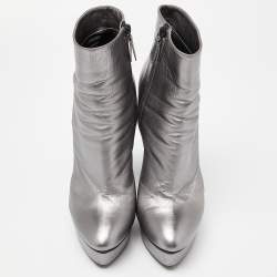 Pre Owned Casadei Metallic Silver Leather Ankle Boots Size 40