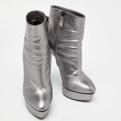 Pre Owned Casadei Metallic Silver Leather Ankle Boots Size 40
