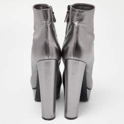 Pre Owned Casadei Metallic Silver Leather Ankle Boots Size 40