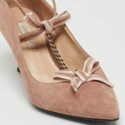Pre Owned Casadei Pink Suede Chain T-Strap Bow Pointed Toe Pumps Size 37