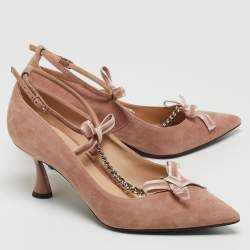 Pre Owned Casadei Pink Suede Chain T-Strap Bow Pointed Toe Pumps Size 37